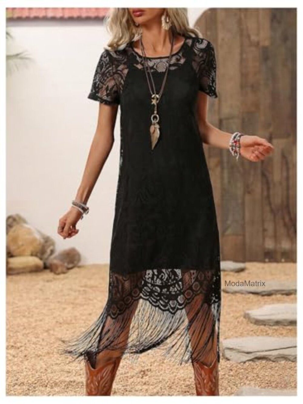 Women's Western 2 Piece Fringe Dress Set Midi Boho Layered - Picture 3 of 7